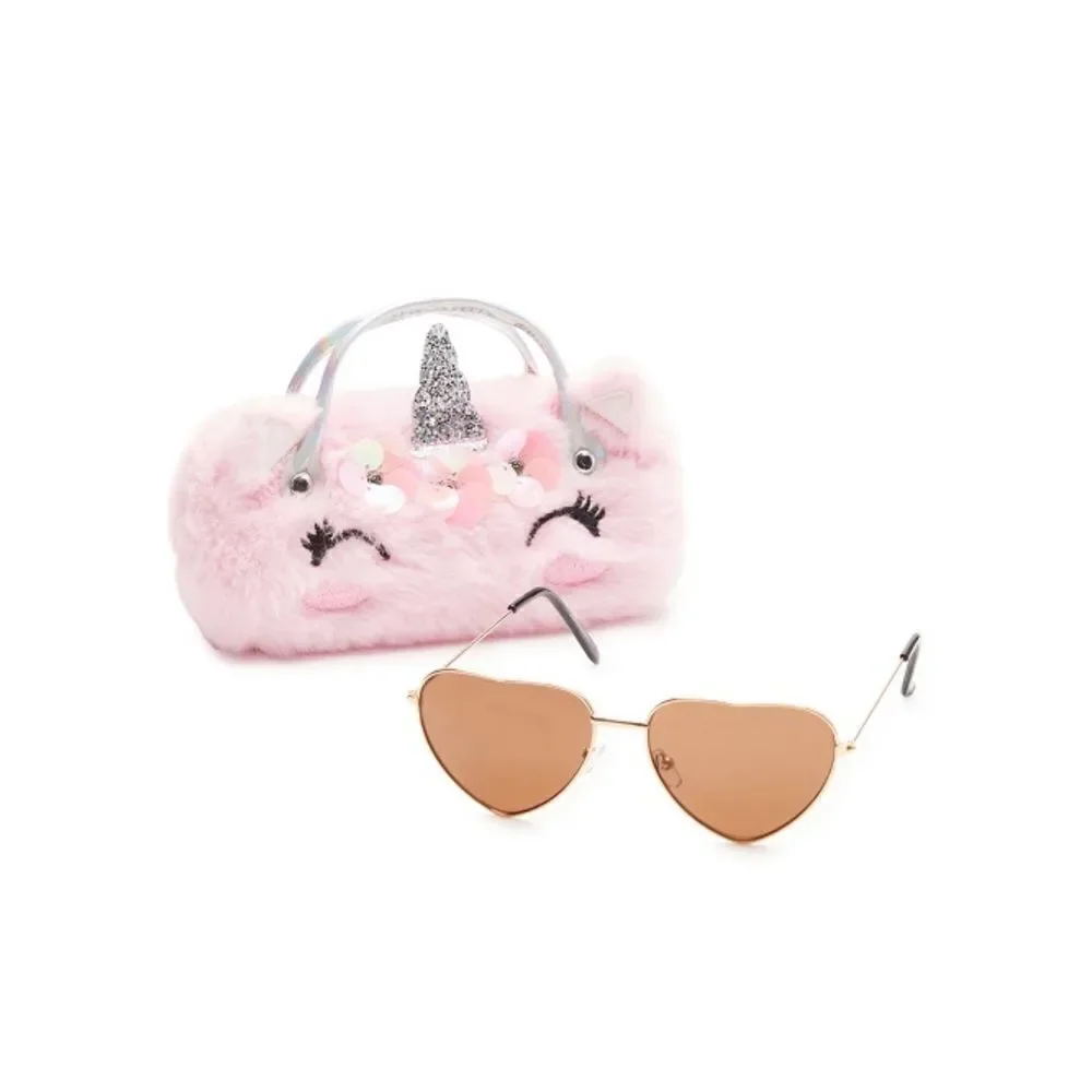 Girls Fun Summer Sunglasses With Unicorn & Bunny Faux Fur Carrying Cases